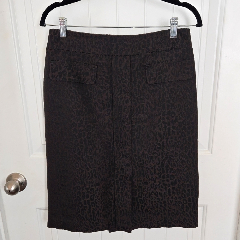 Ann Taylor Chocolate Brown Leopard Print Virgin Wool Pencil Skirt Dark Academia‎